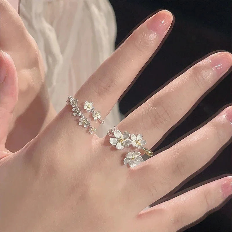 Delicate Flower Opening Adjustable Rings For Women'S Silver Color Minimalist Finger Ring Engagement Jewelry Female