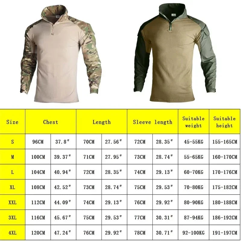 Outdoor Long Sleeve Tactical Shirts Combat Shirt 1/4 Zipper Ripstop Cotton Wear-Resisting Camo Airsoft T Shirts Men Clothing