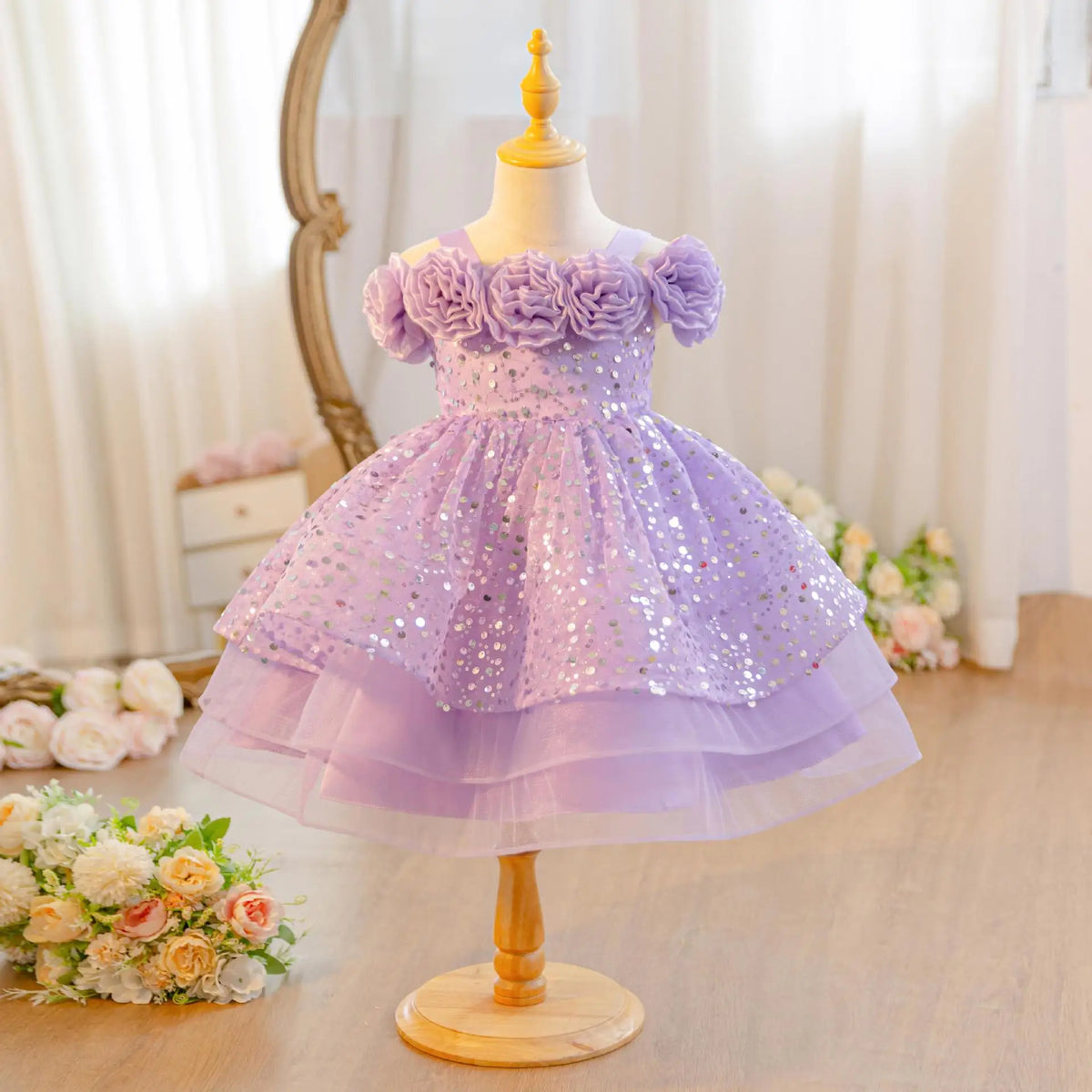 HETISO Flower Girls Sequins Birthday Wedding Party Ball Gowns Kids Child Formal Pageant Holiday Dresses 1-6 Years