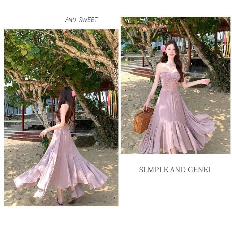 Slimming Dry Rose Splicing Tube Top Beach Dress Women's Style Long A-Line Skirt High Waist No Sleeve Shoulderless Polyester