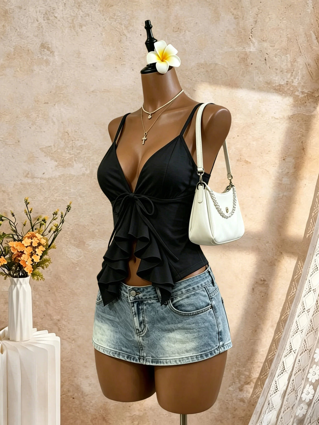Women Thin Spaghetti Strap V Neck Front Big Tie Ruffle Cutout Slim Camisole 2026 Summer Y2K Going Out Streetwear Tank Tops