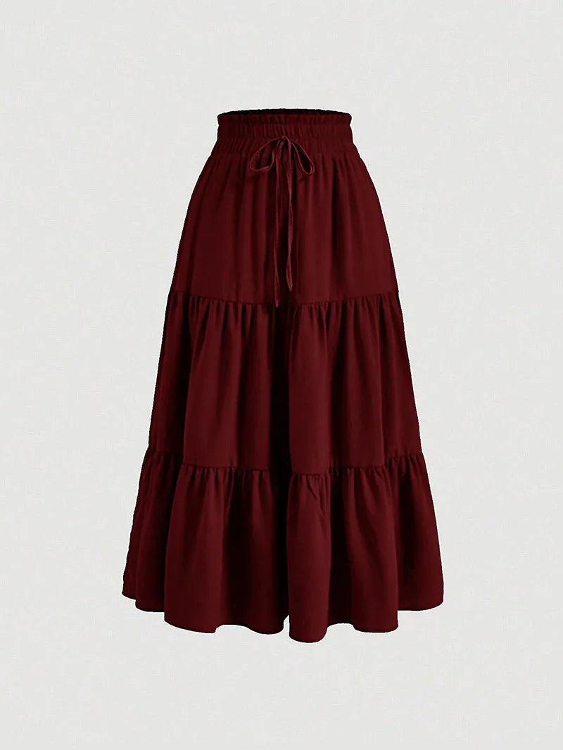 1PC Women's Summer Solid Color Bohemian A-line Midi Skirts 2026 New Female Vacation Casual Loose Faldas