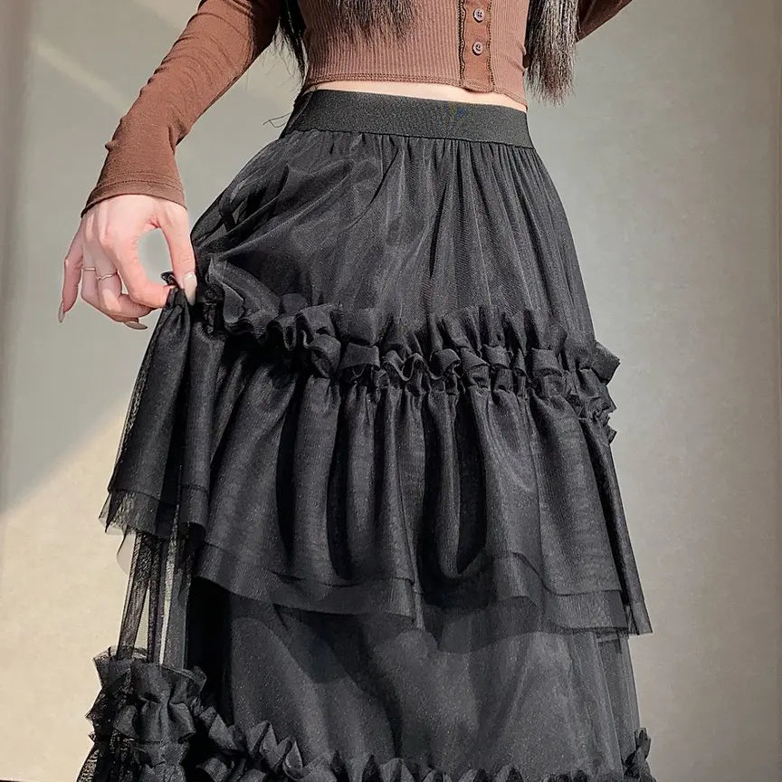 Qiukichonson Midi Long Skirt Women Patchwork Mesh Lolita Spring Summer High Waisted High Low Ruched Ruffles Ball Gown Skirt rok