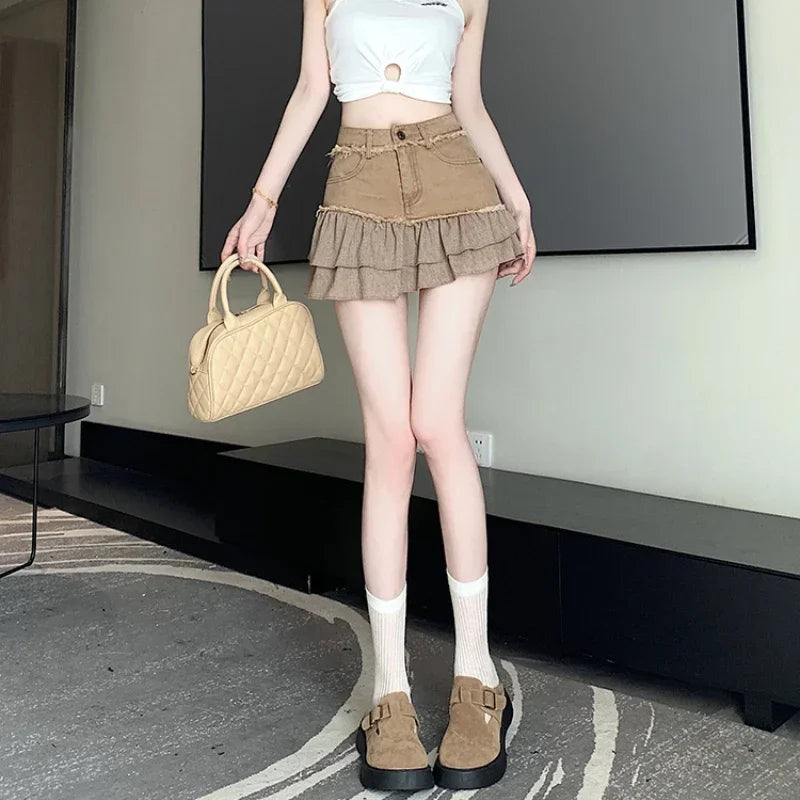 Fashion 2025 New Denim Patchwork Ruffle Denim Skirts Women Summer Retro High Waist Slim Skirts Woman