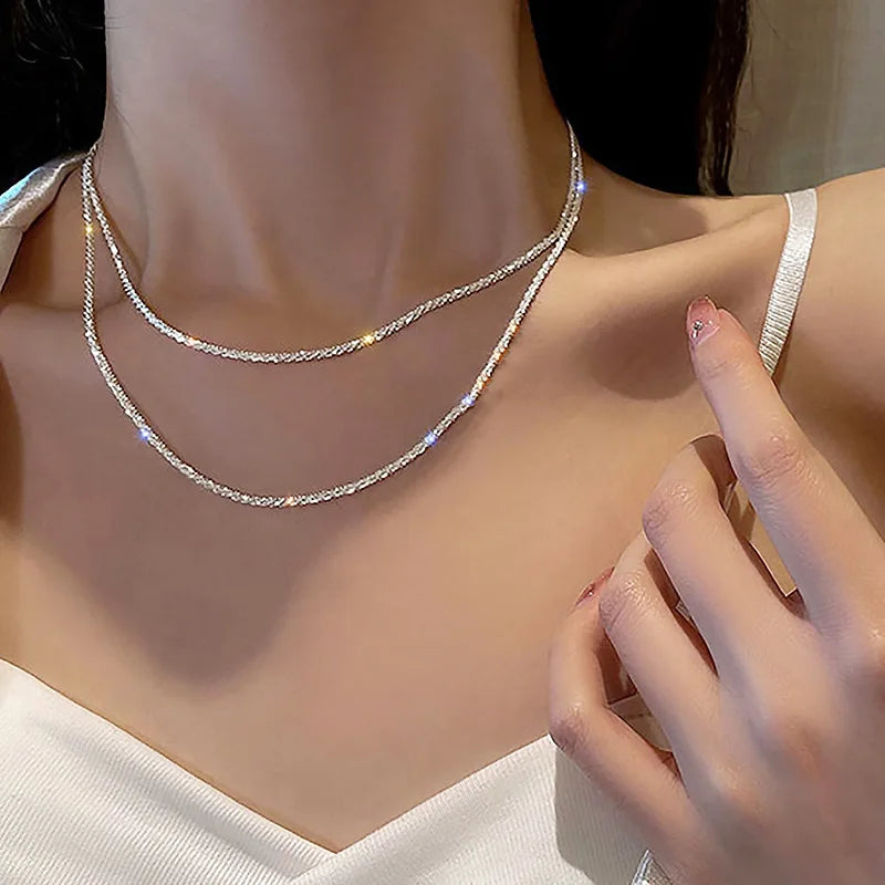 Sparkling Necklace Trendy Chain Choker for Women Fashion Brilliant Crystal Silver Plated Necklaces Accessories Jewelry Gift 2024