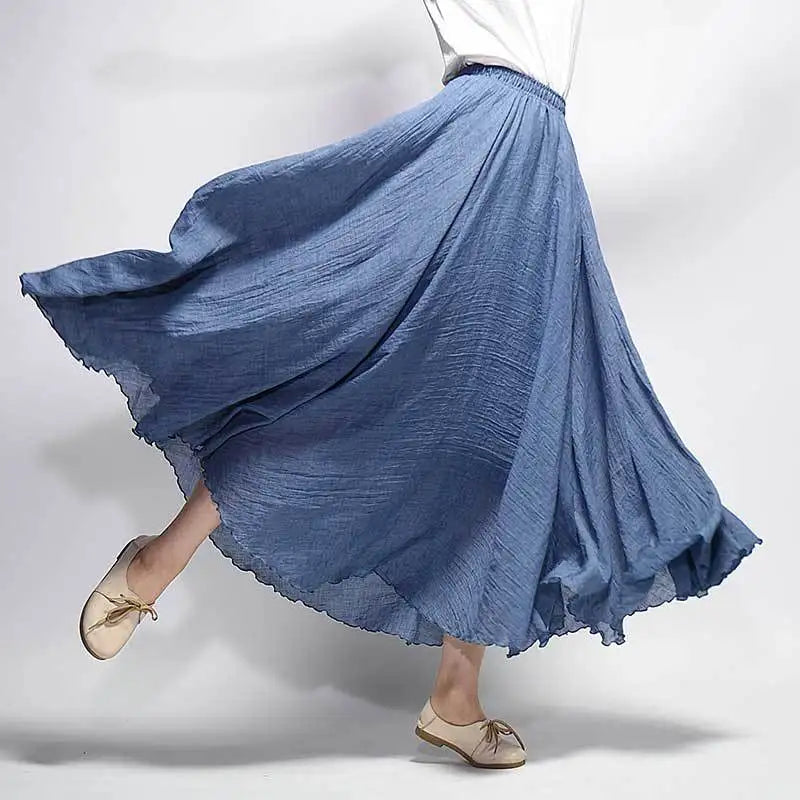 New In 2026 Spring Summer Woman Cotton Linen Midi Skirt Solid Color Loose Flared Pleated A-line Skirt Female Sweet Elegant Skirt