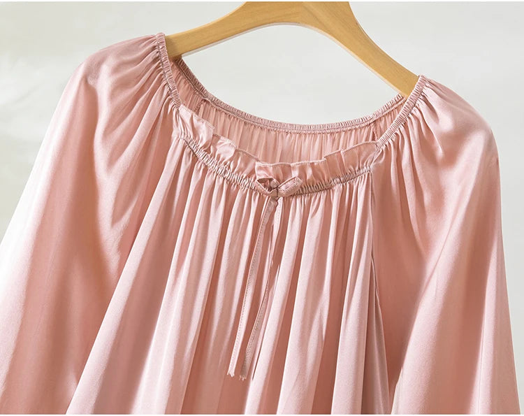 100% Mulberry Silk 16 momme Charmeuse Silk Purple Color Long Sleeve Sleep Dress Sleepwear Nightdress Nightgown QQ068