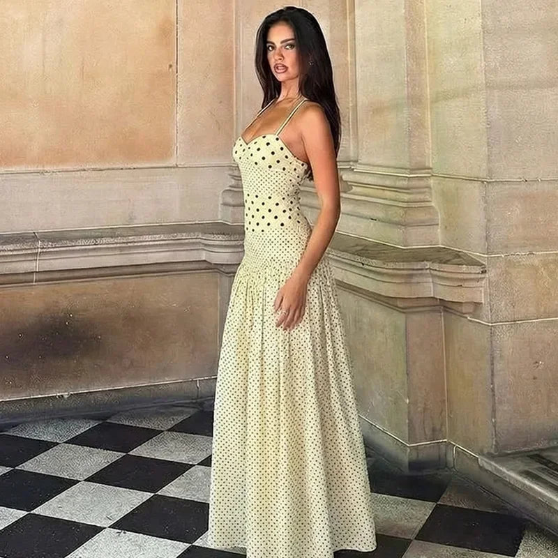 2026 Summer New Collection Womens Sexy Neck Hanging Polka Dots Retro Pleated Temperament Polka Dot Dress