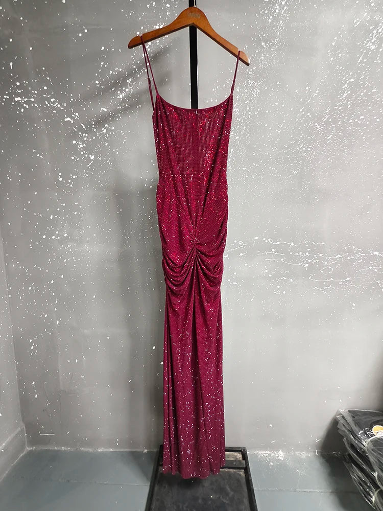 Deat Fashion Gray Hot Drilling Spaghetti Strap Dress Women'S'S Slim Fit Backless Folds Split Floor-Length Dresses New Tide 7Ab8510