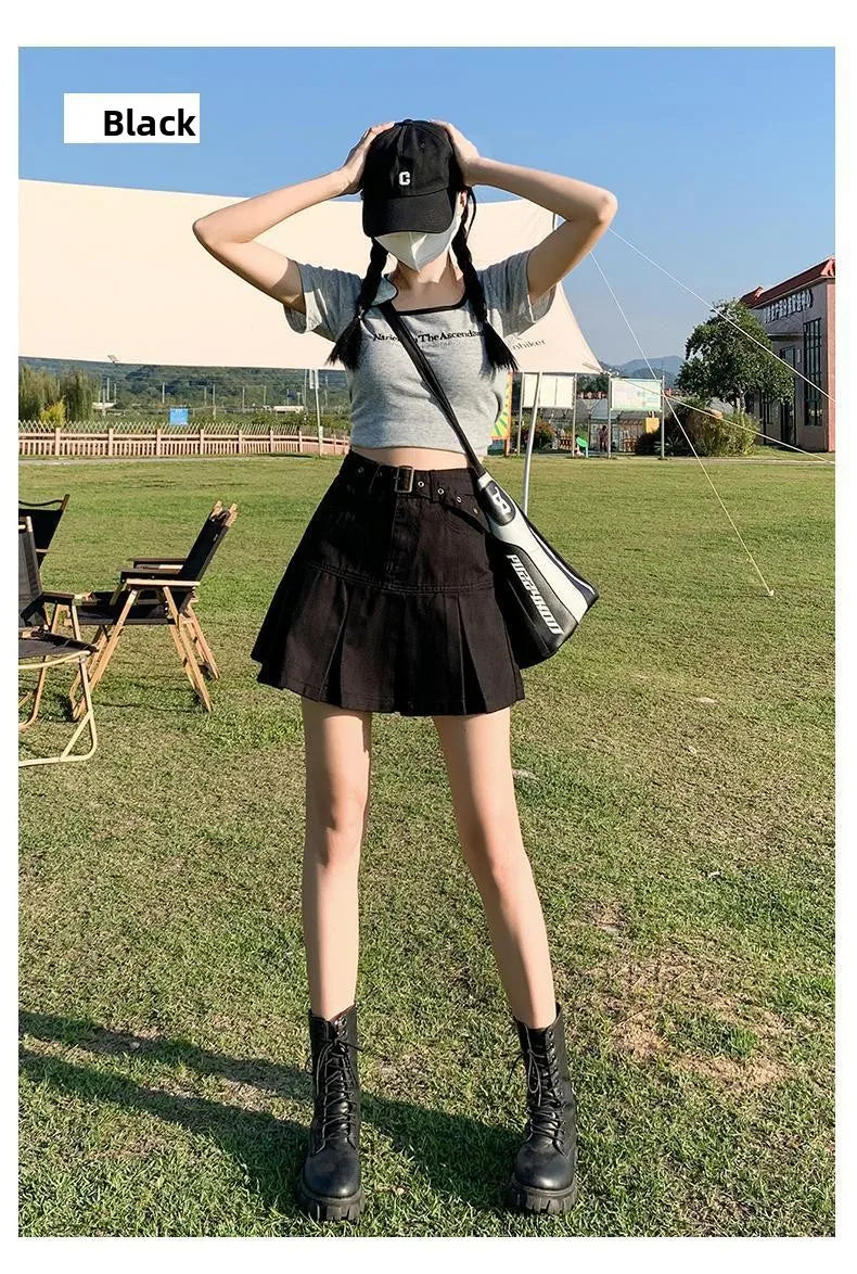 Retro American Blue Hot Girl Pleated Denim  Skirt Women's Summer New Pure Desire A-Line High Waist Short Skirt