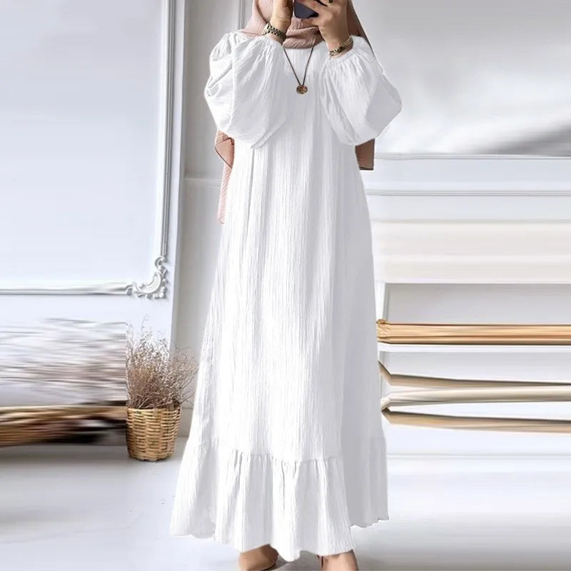 Women’s Spring-Summer Textured Long Sleeve Maxi Dress Round Neck, Ruffle Hem, Loose Fit, Casual Boho Style, Vacation Beach Wear