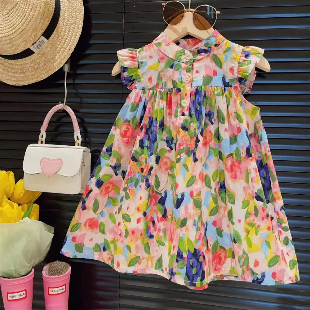 Girls' Floral Ruffled Sleeveless Dress | Casual Summer A-Line