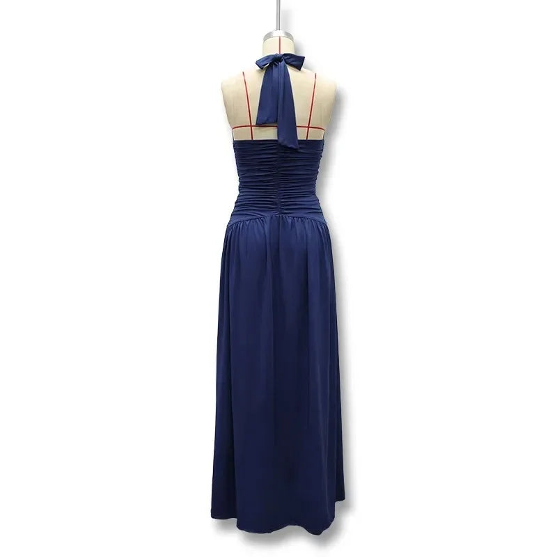 Elegant Strapless Ruched Maxi Dress Sexy Backless Lace Up Cinched Waist Slit Draped Bodycon Dresses Cocktail Party Evening Gown
