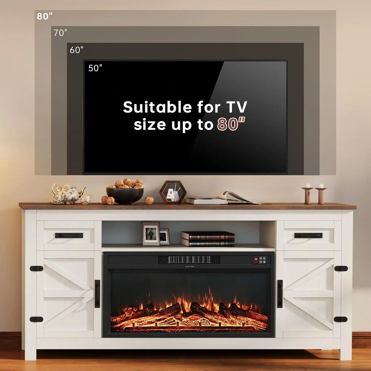 Fireplace TV Stand with Barn Door for TVs up to 80", Farmhouse Fireplace Entertainment Center with Storage, Customized