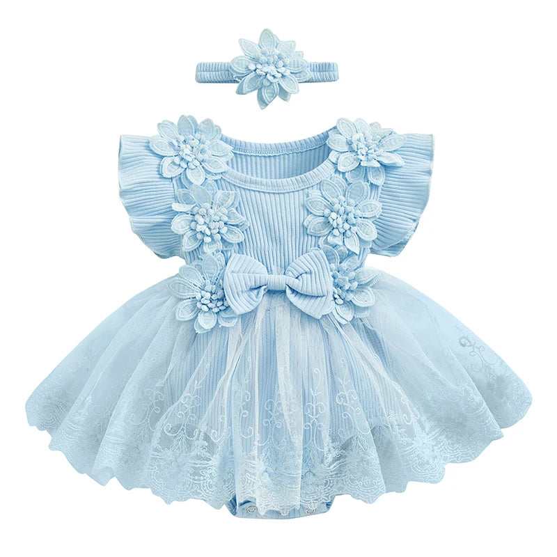 Maemukilabe Baby Girl Lace Tulle Romper Dress With Headband For Toddler Girls 1 To 2 Years Floral Bow