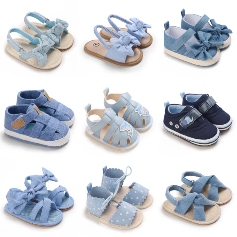 Blue 0-18M baby sandals for girls PU butterfly dew toe solid summer outdoor soft sole non slip rubber baby shoes for learning to