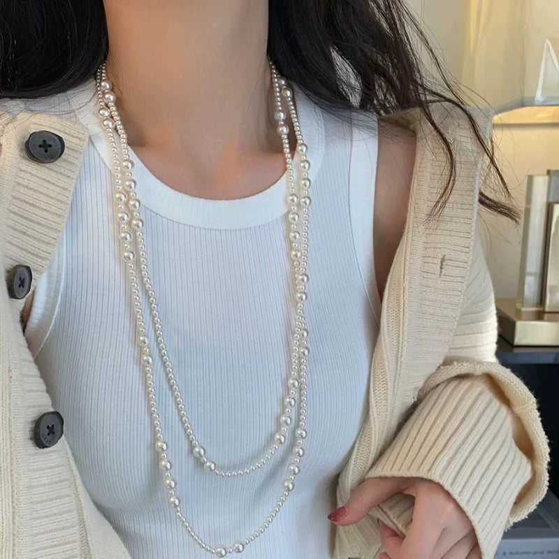 Vintage Long Multi Layered Pearl Necklace for Women Elegant Sweet Collar Chain Sweater Chain Necklaces Luxury Jewelry Gifts