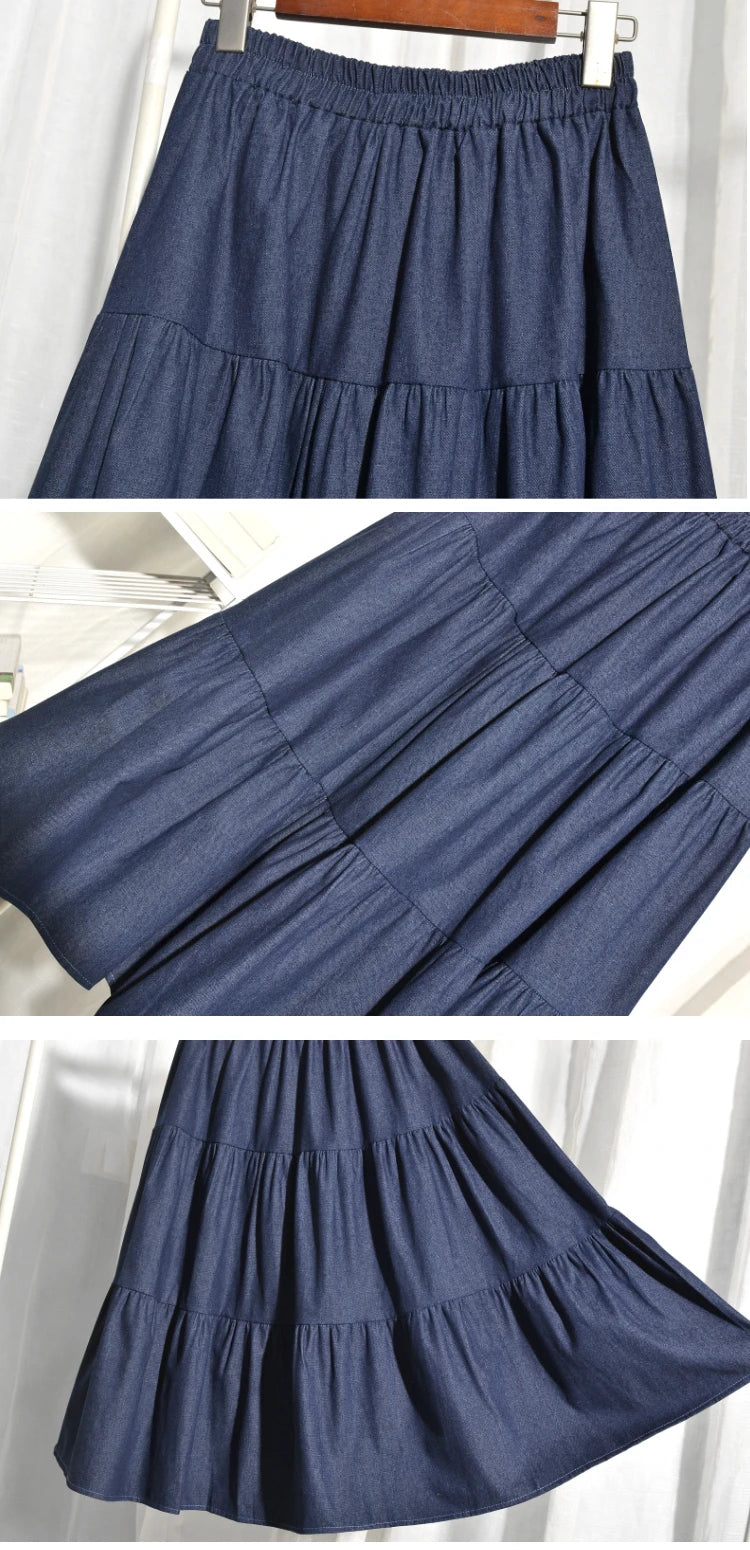 Summer Cake Splicing Denim Skirt Women's A-Line Midi Retro Elastic Waist Slimming Fat MM Light-Colored Skirts Korean Sle Hi...