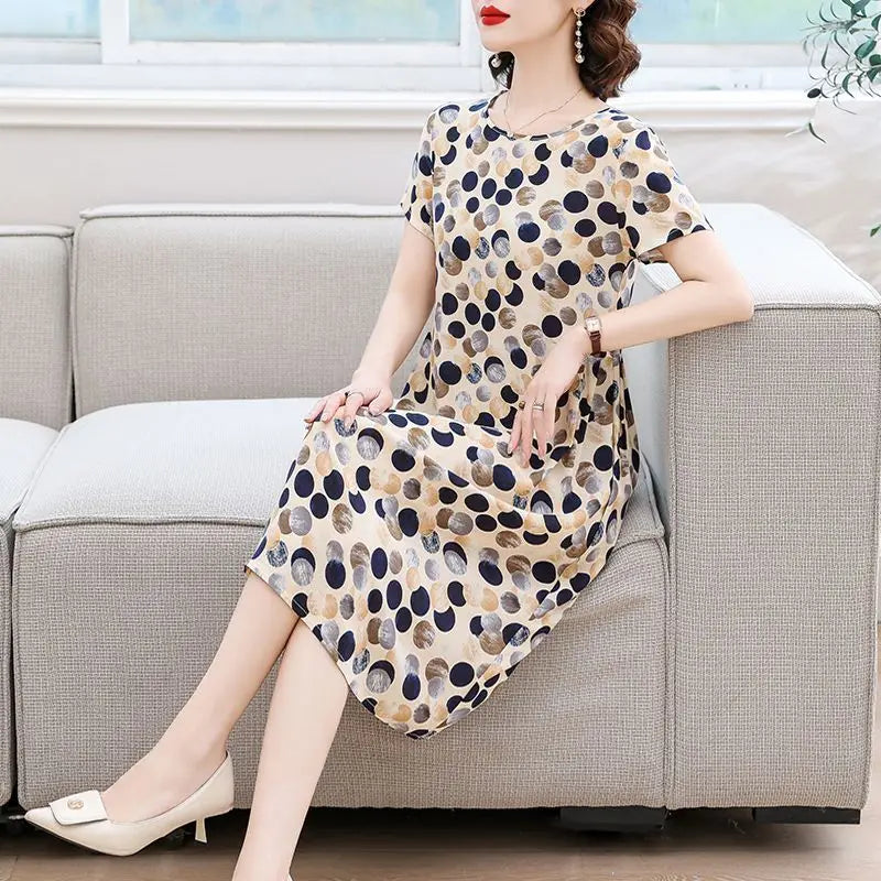 Women Summer Cotton Midi Dress Polka Dot Print Round Neck Short Sleeve Loose Casual Home Outdoor Dress S 4XL
