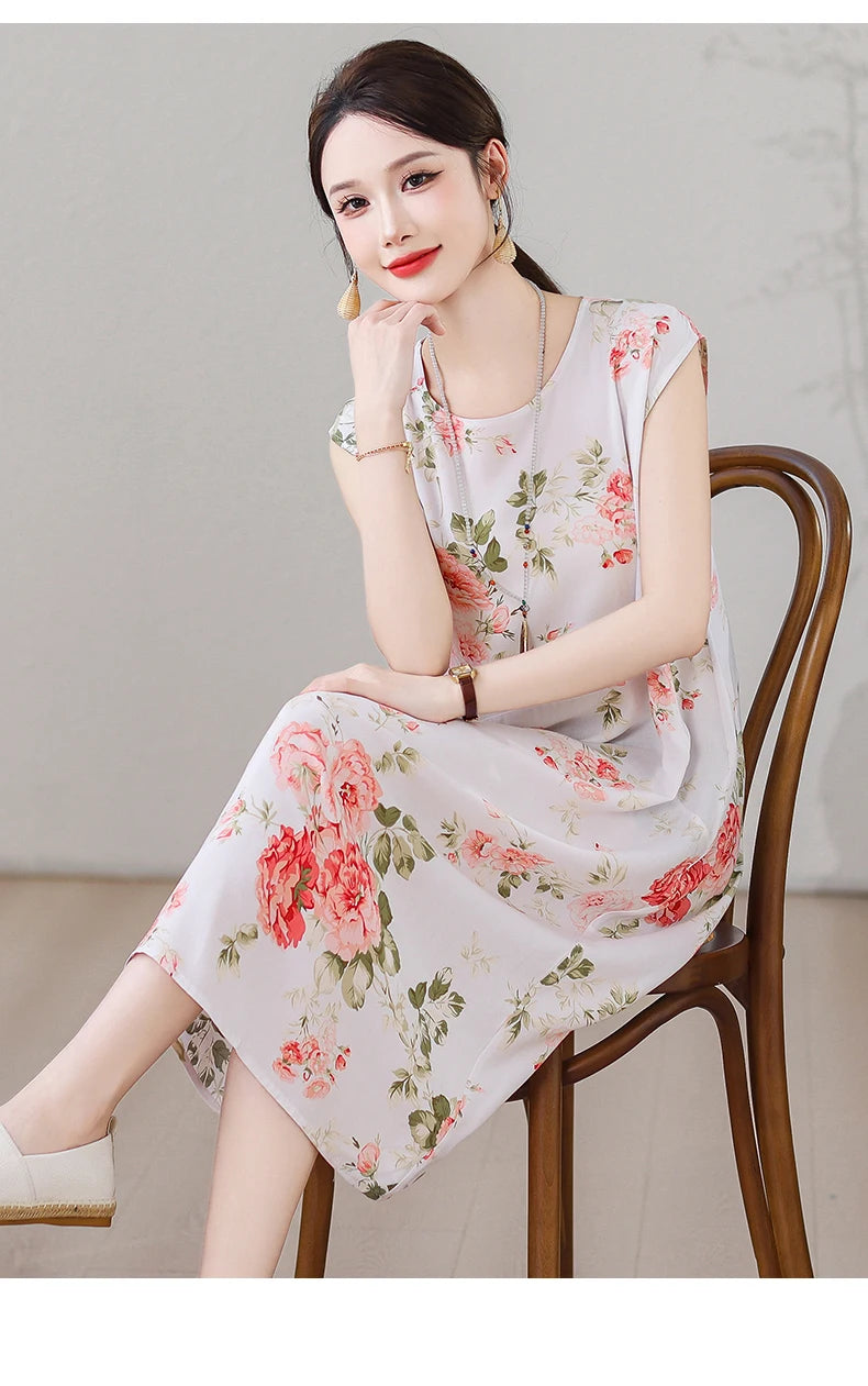 New Fashion Vintage Floral Print  Sleeveless Casual Party Femme Summer Dresses For Women 2025 O-neck Straight Women Clothing