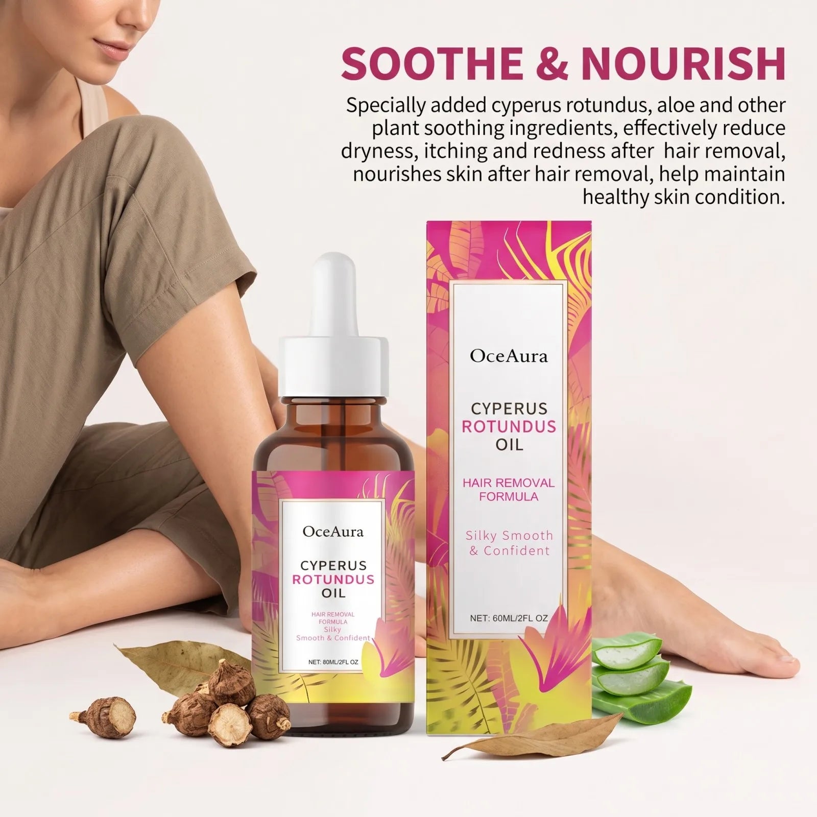 Cyperus Rotundus Hair Removal Care Oil Soothe Nourish Hair Reduction Deep Moisturizing After Shave Smooth Skin Non Greasy 60ml