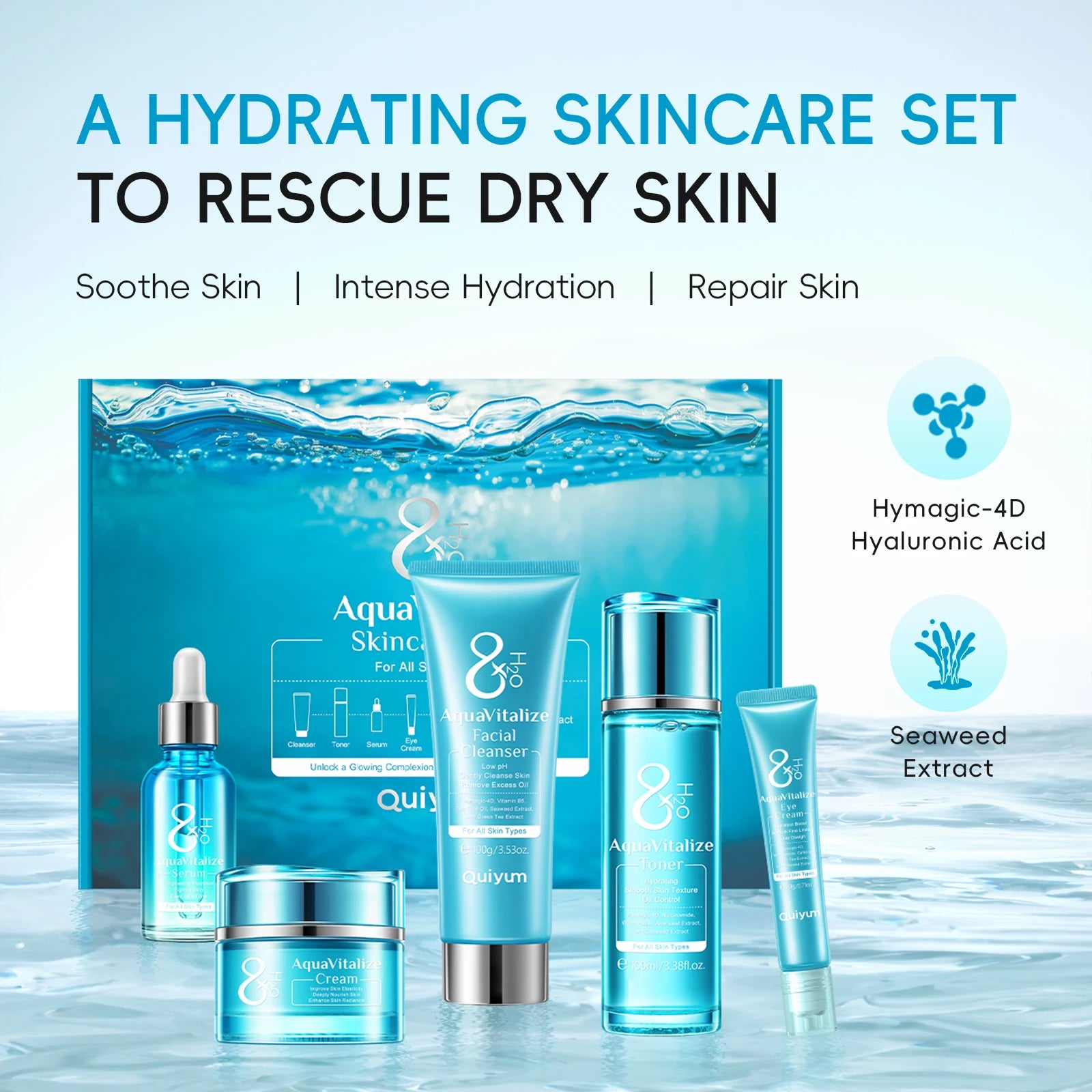Quiyum 8X H2O AquaVitalize 5-Pcs Skincare Set Hydrating Daily Facial Care Kit Cleanser Toner Serum Eye Cream for All Skin