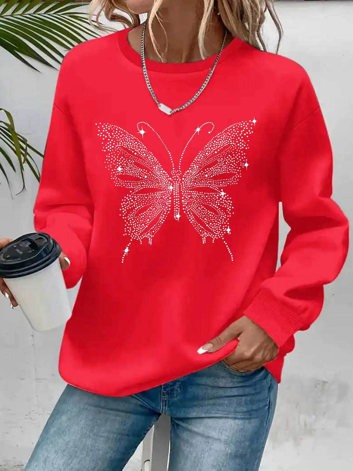 Women's Casual Heart Print Pullover Sweatshirt - Long Sleeve Knit