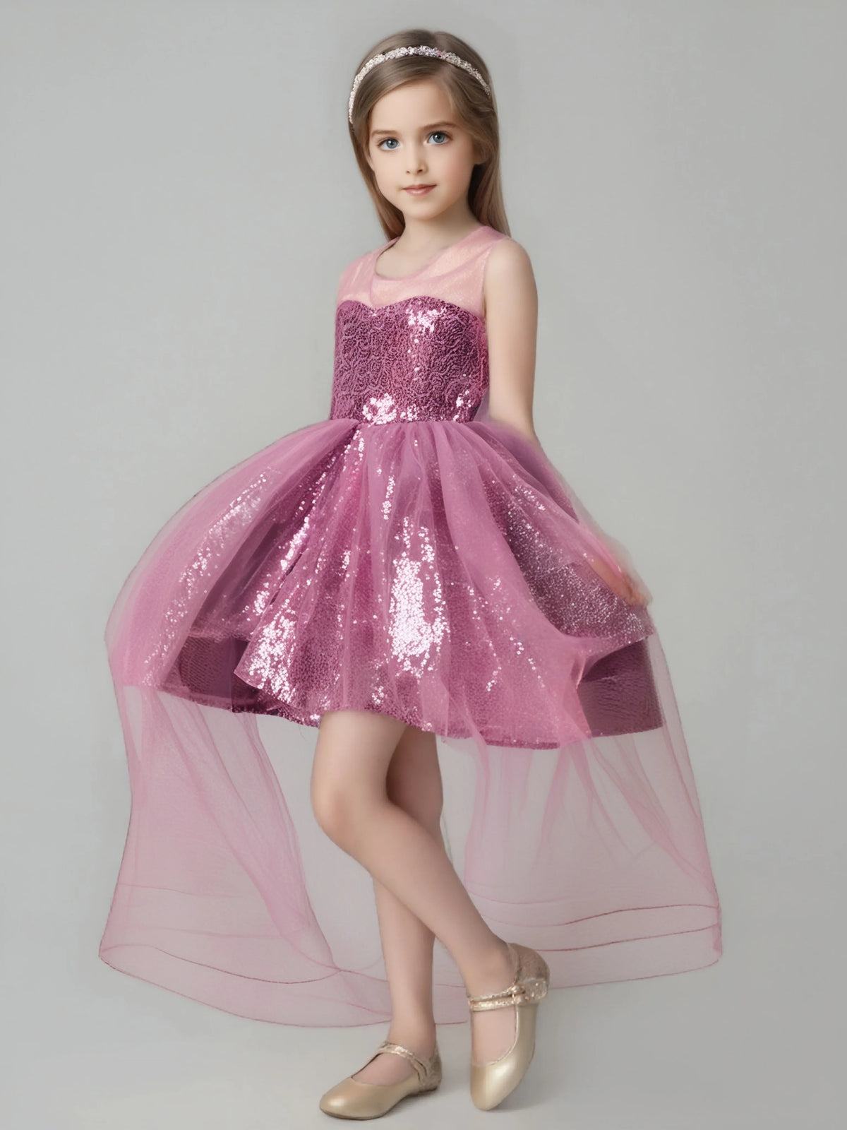 HETISO Fashion Girls Sequin Princess Dress Tulle Sleeveless Banquet High end Lace Evening Ball Gown for Kids Child 2-6 Years