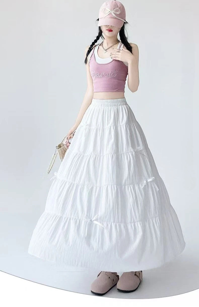 2026 New Streetwear Spring Summer Women's Skirts Vintage High Waist Elastic Patchwork White Black Chic Long Cake A-line Skirt