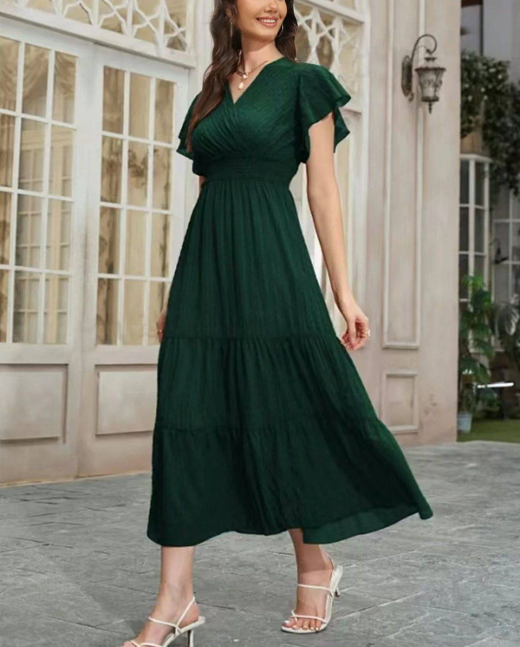 Elegant Women's Summer Casual Solid Color Long Dress Fashion Holiday Sexy V Neck Pleated Short Sleeve Maxi Dresses Vestido