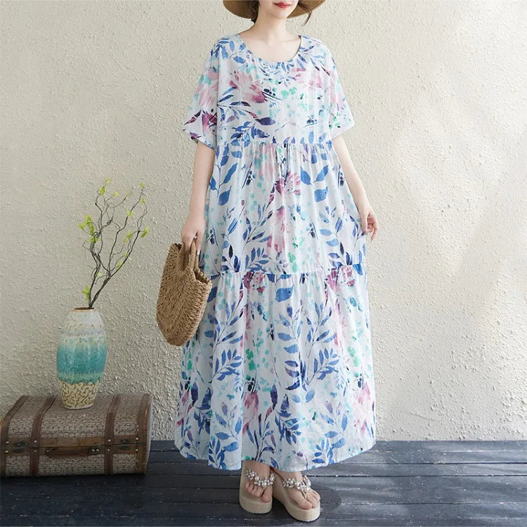 THHONE Vestido Feminino Summer Dresses for Women 2025 Bohemian Holiday Floral O Neck Short Sleeve Casual Print Women's Clothes