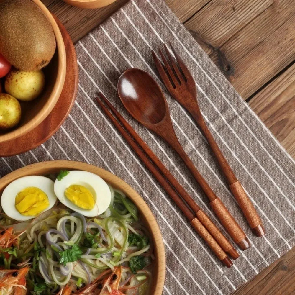 3-Piece Japanese Style Fashionable Wooden Cutlery Set - Includes Spoon Chopsticks And Fork for Elegant Dining Experience