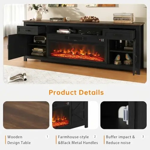 Fireplace TV Stand, 70" Farmhouse TV Stand with Barn Door for 80" TVs, Entertainment Center with Black Fireplace &