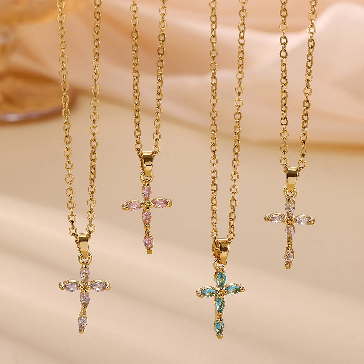 Colorful Shiny Cubic Zirconia Cross Pendant Necklaces For Women'S Gold Color Delicate Fashion Collar Jewelry
