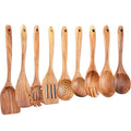 LMETJMA 10 Unidades de Utensilios de Cocina de Madera de Teca Natural, Juego de Cucharas y Espátulas de Madera para Cocinar y Hornear JT503