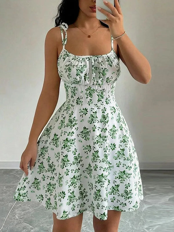 Women's Summer Floral Spaghetti Strap Beach Short Dress Sweet A-Line Mini Dress   Loose   Slimming Casual Skirt