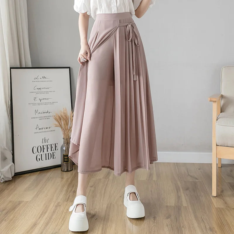 Summer Elastic Pleated Skirt Women Chiffon Trouser Skirt High Waist Casual Wide Leg Pants Fashion Streetwear Pants Pantalones