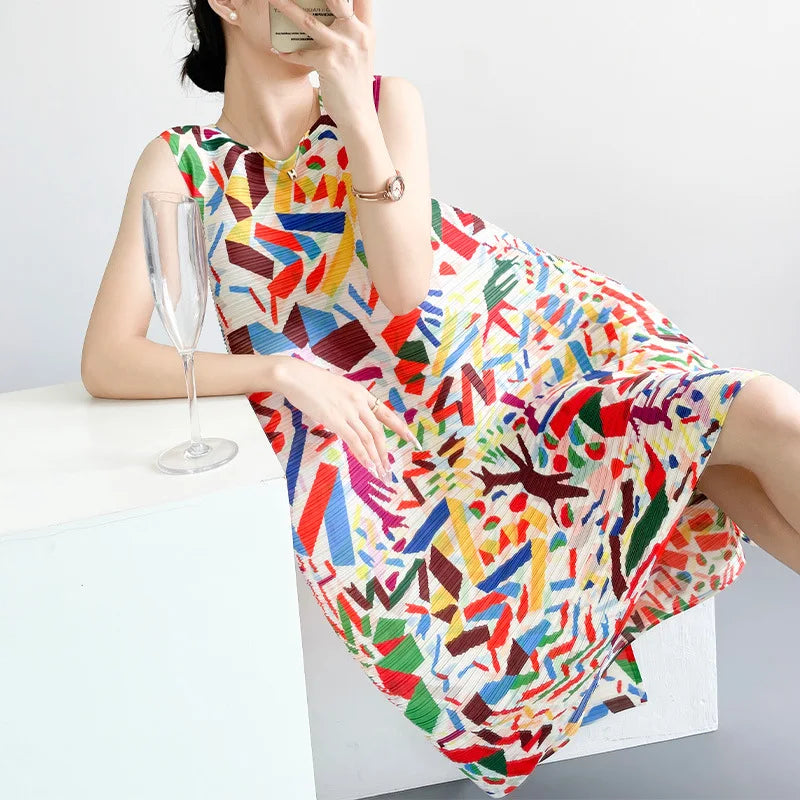 2026 Summer Retro Print Design Flared Dress Women Loose Fit Plus Size Fashion Elegant Sleeveless Dress Travel Vacation Wear