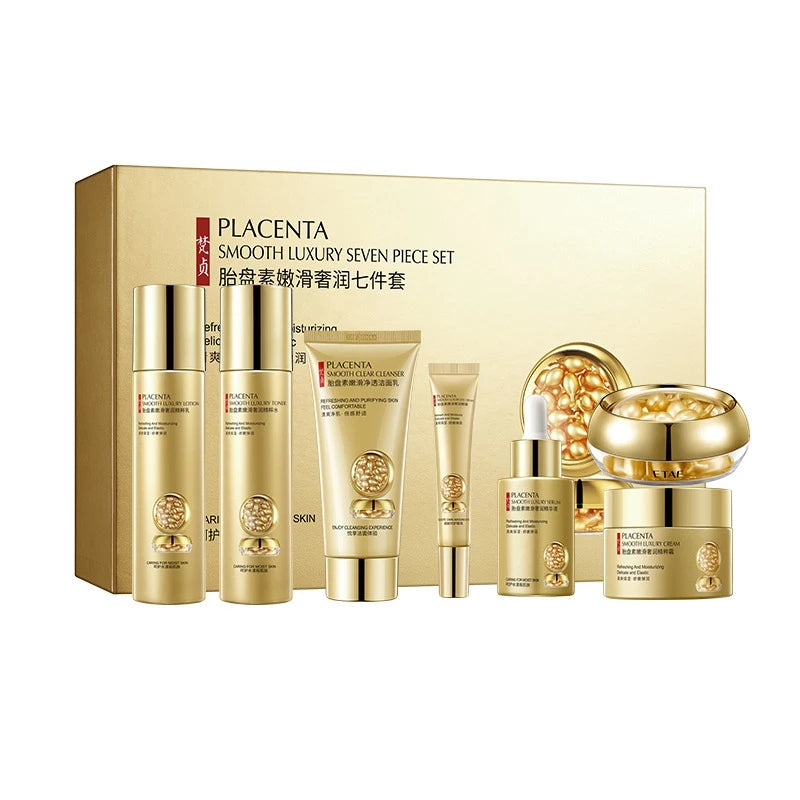 Placenta Skin Care Seven-Piece Set, Rich in Placenta Essence, Moisturizing Skin Care Products, Hydrating, Nourishing, and Refreshing, the Set Includes Facial Serum, Eye Cream, Face Cream, Facial Cleanser, Essence Cream, Suita