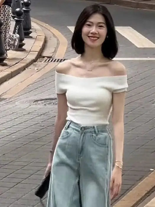 Shoulder Bared Knitted Short Sleeve T Shirt Women's Style Summer Edition Slim Fit Black Color Commute Fashion Creative Pattern