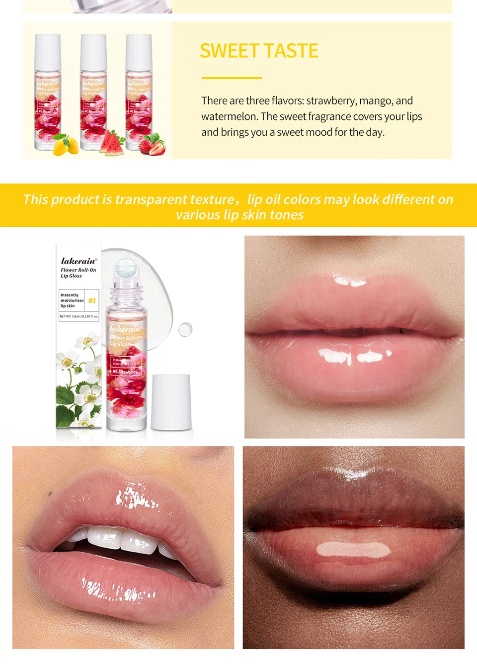 Lip Oil Gloss Blossom Scented Roll on Lip Gloss Infused with Real Flowers Mango Watermelon Strawberry