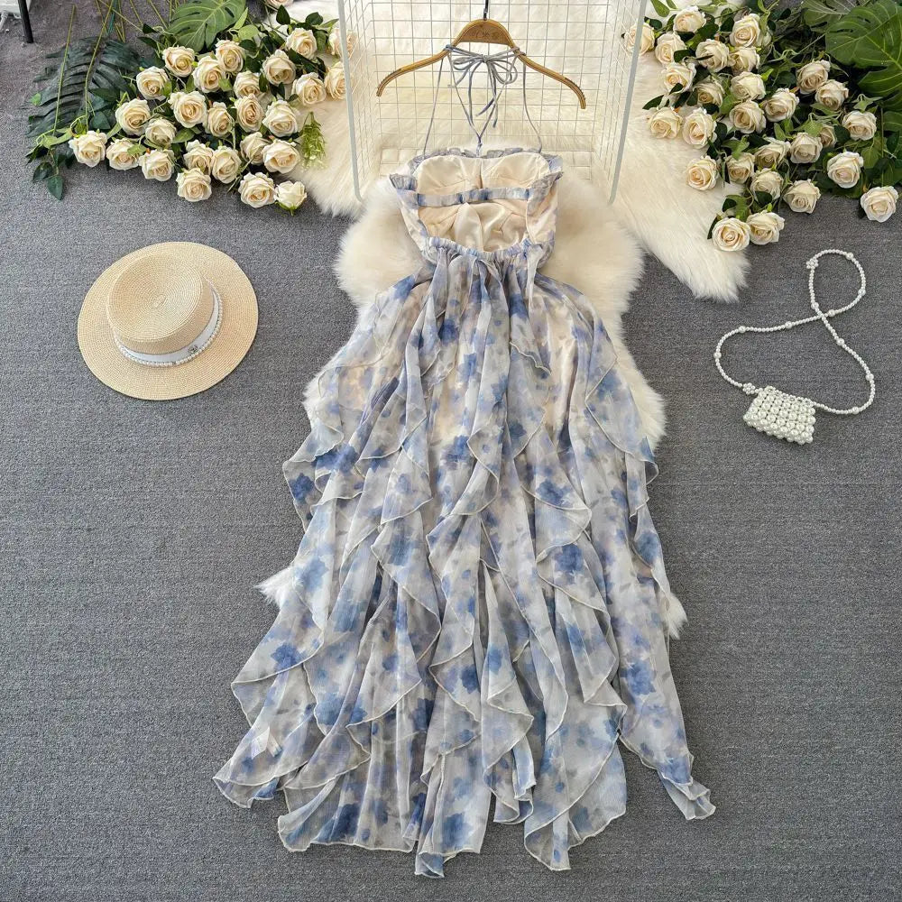 Fashionable Beach Vacation Strapless Backless Slimming Print Chiffon Dress with Ruffle Hem Gradient Coloring Knitted Fabric
