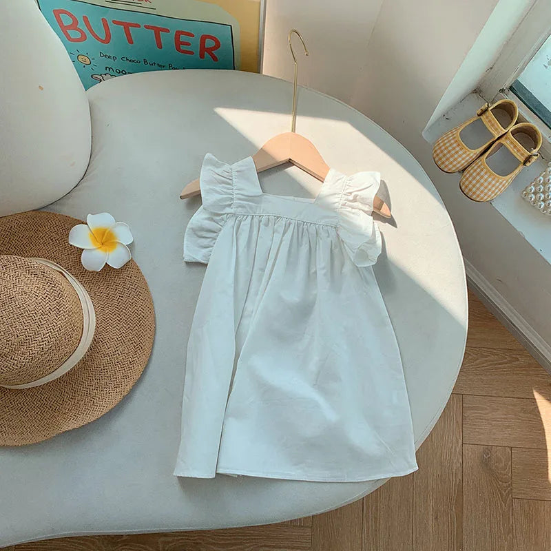 MILANCEL Girls Dresses 2024 Summer Little Fresh Kid's Flare Sleeve A-line Dress Simple Square Collar T-shirt Dress 2-7 Y