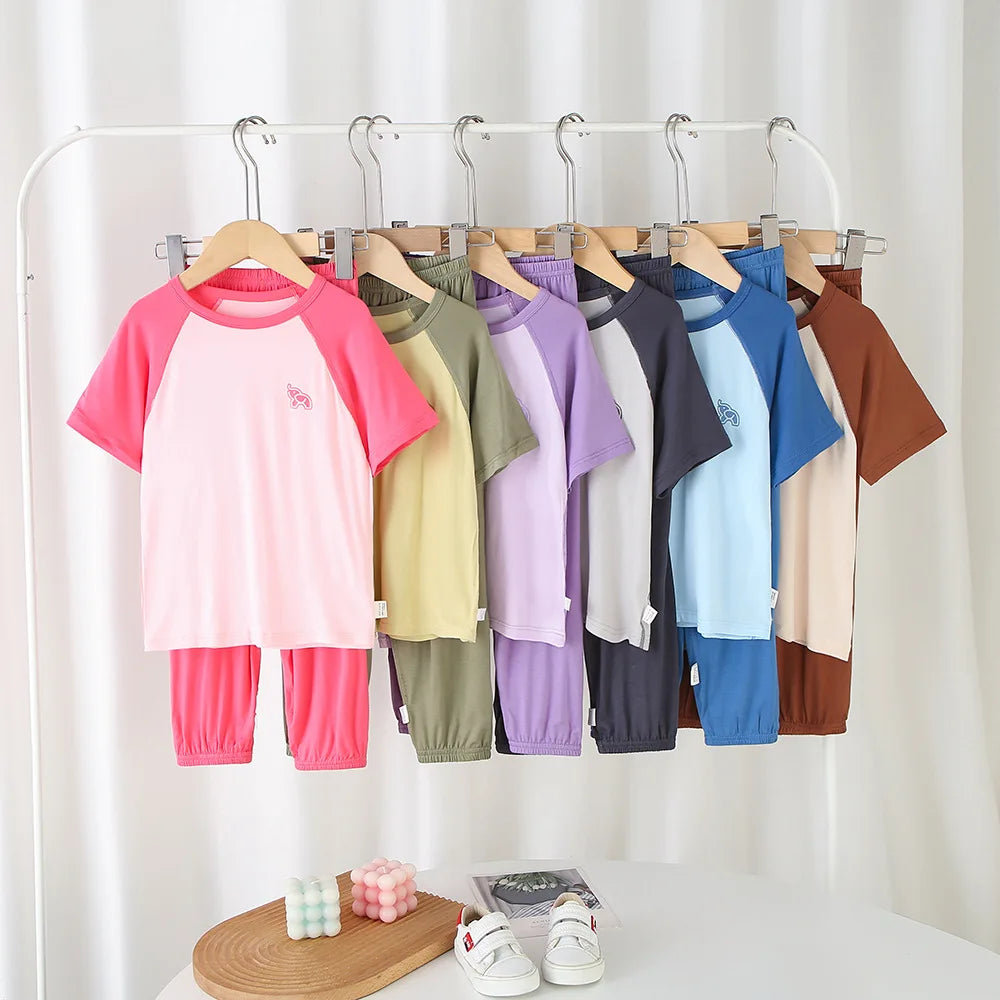 Teenage Boy Pajamas Summer Girl Short Sleeve Children's Clothing Sleepwear Silk Cotton Pyjamas Sets For Kids 4 8 9 12 13 14Years