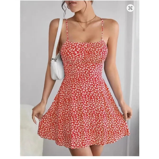 Elegant Floral Print Spaghetti Strap Dress Backless Tie Back Slim Vacation Summer Women Dress