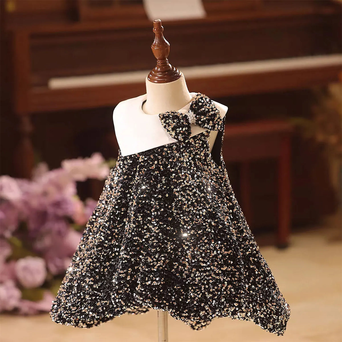 Dreamy Vow D141 Black Sequined Flower Girl Dress with Bow Knee Legth A-Line Wedding Birthday Holiday Party Summer Prom Gown