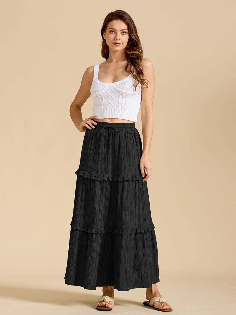 Beiyingni 2025 New In Women's Skirt Pure Color Leisure Fashionable Lace-up A-line Long Maxi Skirts Female Simple Slim Faldas
