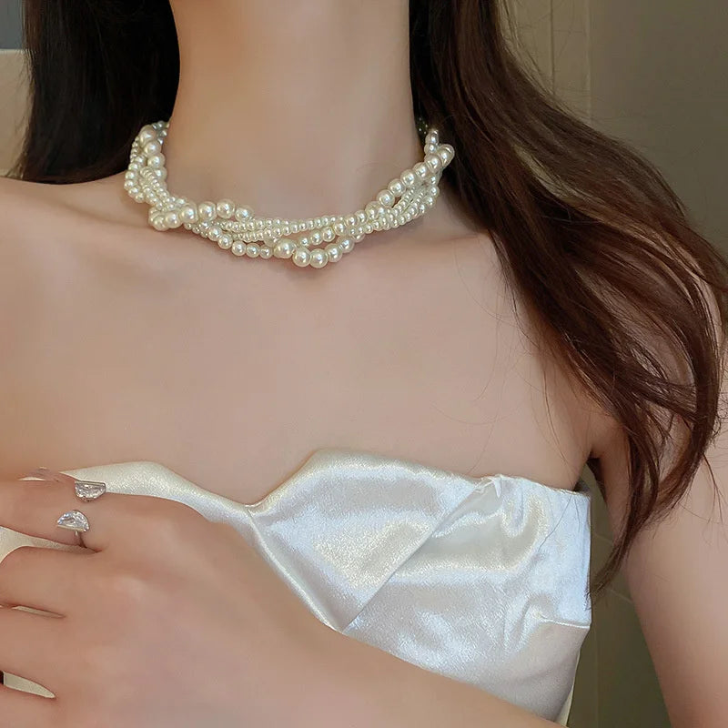 Fyuan Korean Style Twining Pearl Choker Necklaces For Women'S Geometric Necklaces Weddings Bride Jewelry Accessories