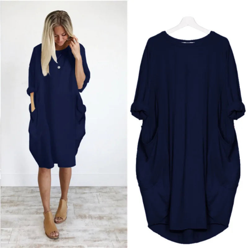 Women's Dress Oversize O-neck Loose Red Version Casual Street Pocket Fashion Black Solid Color Beach Vacation Skirt