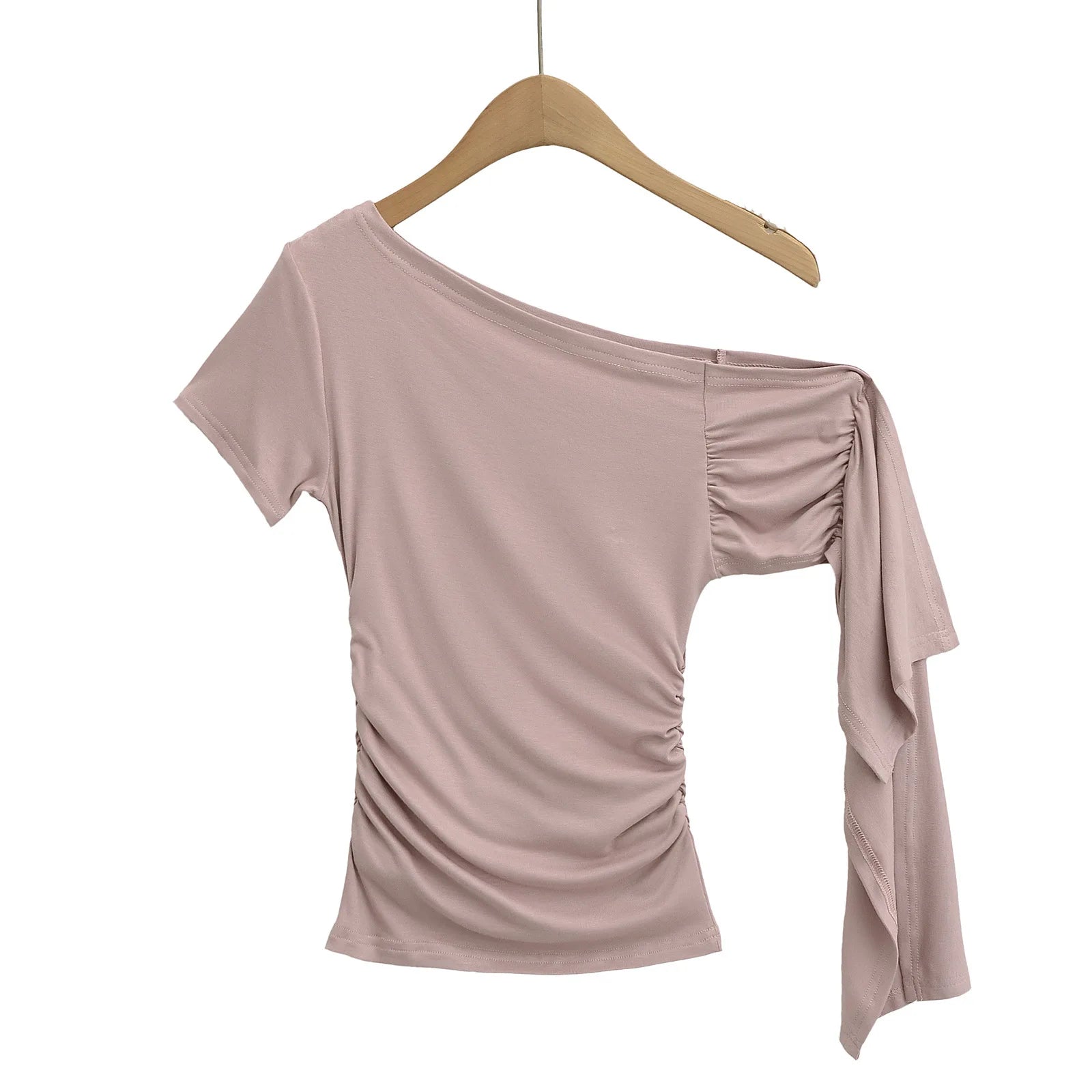 Slim Fit Asymmetric Shoulder T-Shirt Women's Summer Short Sleeve Top with Sash Street Style Sexy Trendy Pure Desire Design